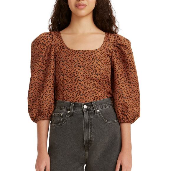 NWT Levi’s Top Womens Kaila Puff Sleeve Animal Print Smocked Taffeta Size Small - Picture 1 of 3
